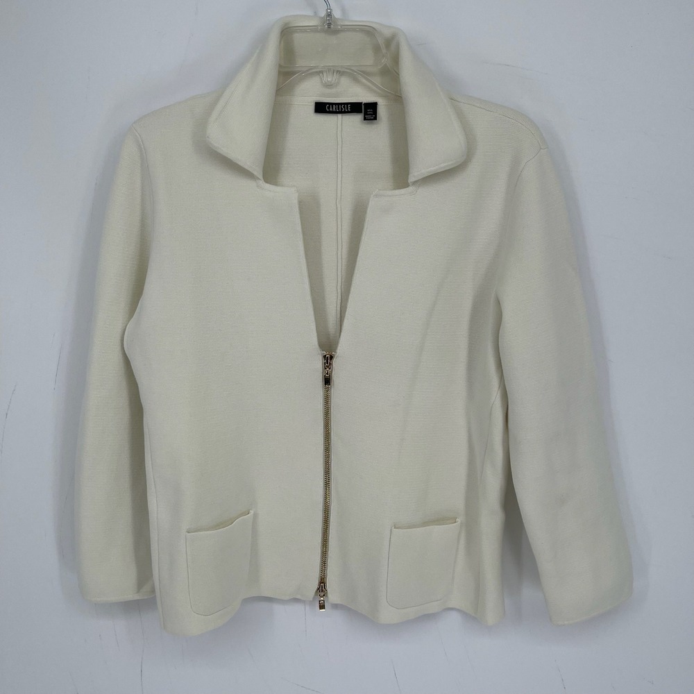 Carlisle Women's Ivory Full Zip Stretch Knit Collared Cardigan Sweater Size L